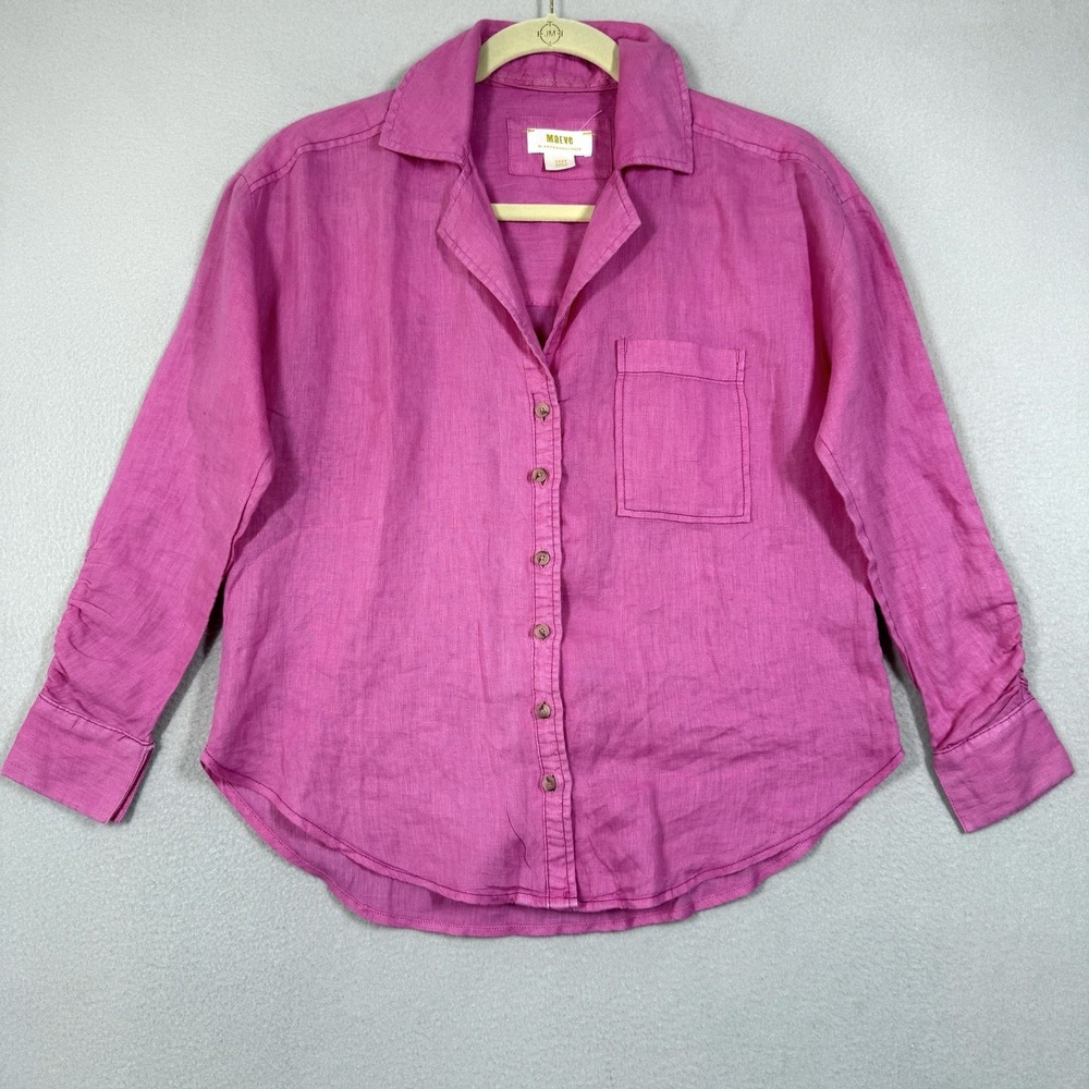 Maeve Anthropologie Linen Top Womens XXS Petite Button Down Shirt Pink Relaxed